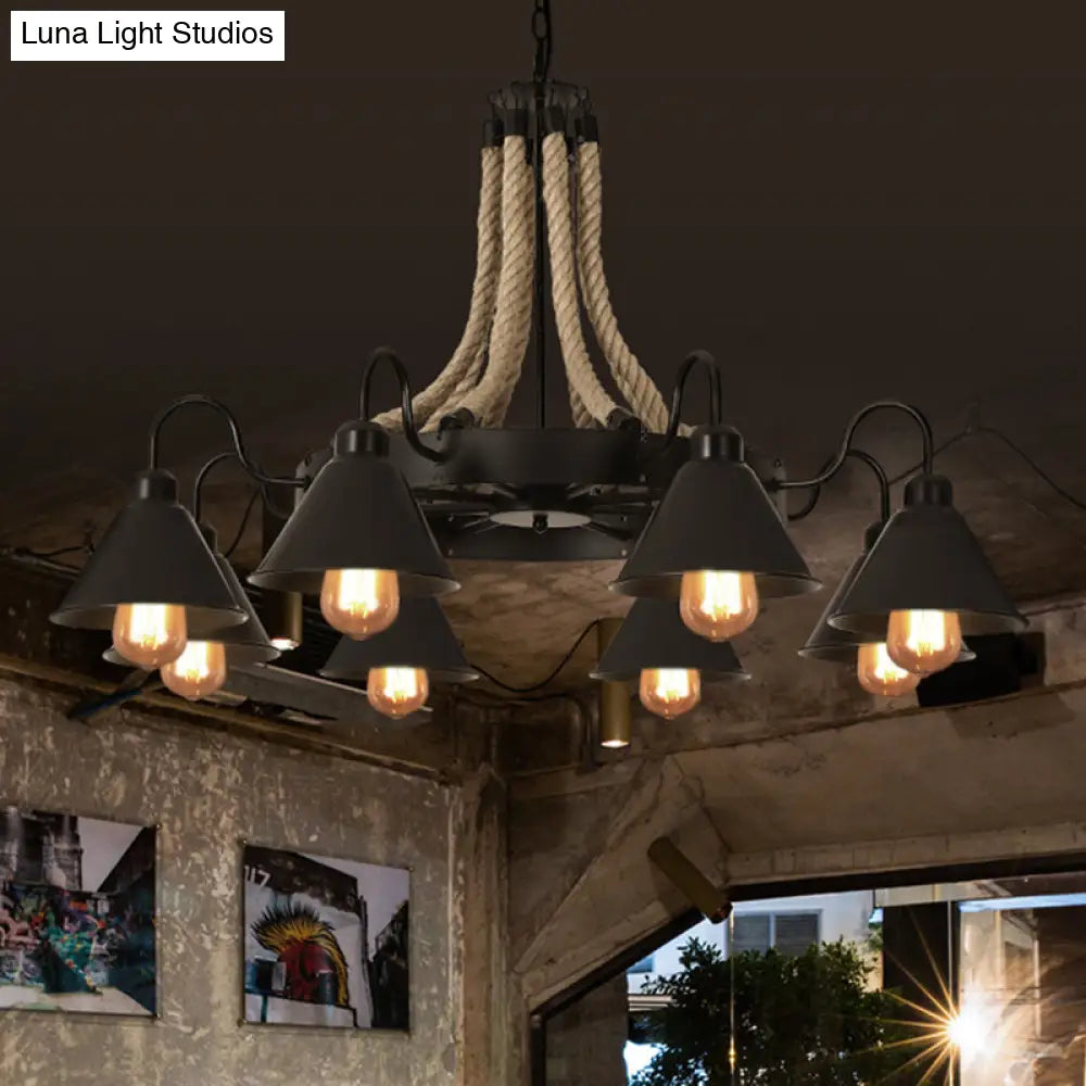 Rustic Hemp Rope Restaurant Chandelier with Black Dangling Suspension Light