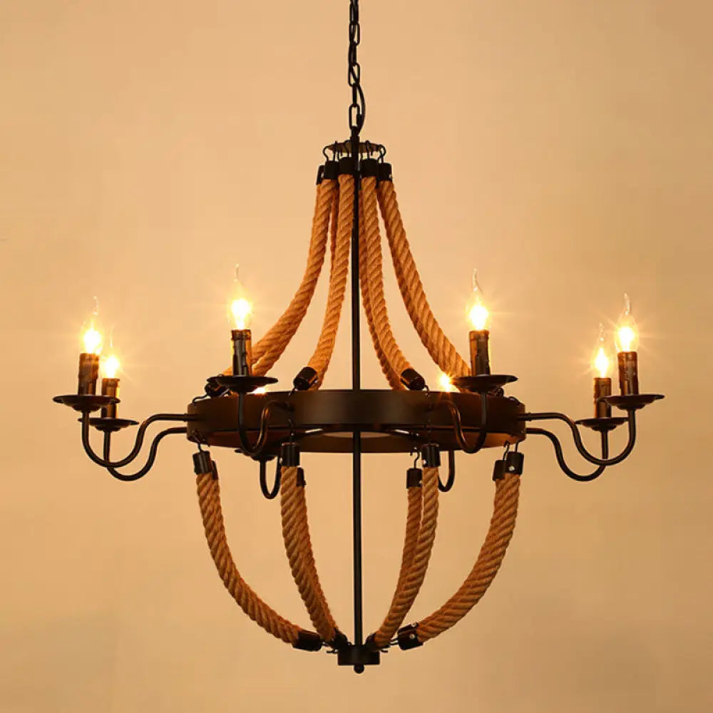 Rustic Hemp Rope Restaurant Chandelier with Black Dangling Suspension Light