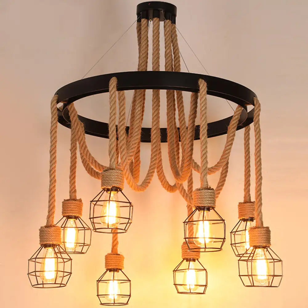 Rustic Hemp Rope Restaurant Chandelier with Black Dangling Suspension Light