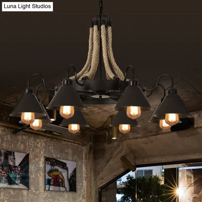 Rustic Hemp Rope Restaurant Chandelier with Black Dangling Suspension Light