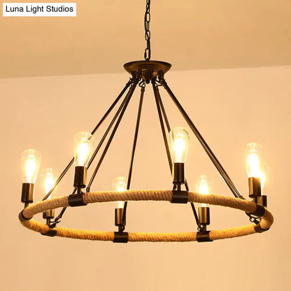 Rustic Hemp Rope Restaurant Chandelier with Black Dangling Suspension Light