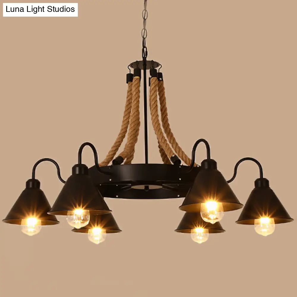 Rustic Hemp Rope Restaurant Chandelier with Black Dangling Suspension Light