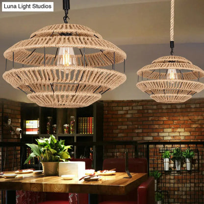 Rustic Hemp Roped Ceiling Light Basket - Brown, 1-Light Suspension Pendant for Dining Room