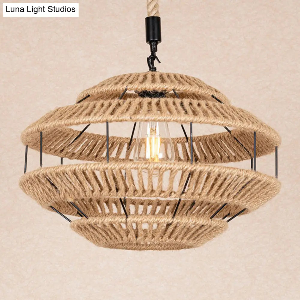 Rustic Hemp Roped Ceiling Light Basket - Brown, 1-Light Suspension Pendant for Dining Room