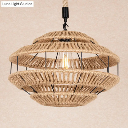 Rustic Hemp Roped Ceiling Light Basket - Brown, 1-Light Suspension Pendant for Dining Room