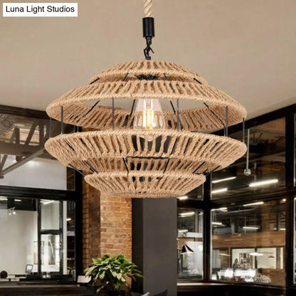 Rustic Hemp Roped Ceiling Light Basket - Brown, 1-Light Suspension Pendant for Dining Room