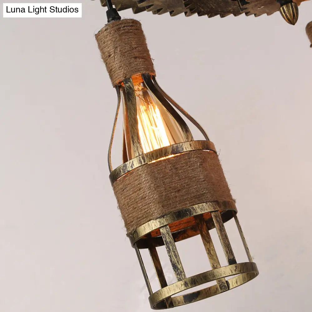 Rustic Industrial 3-Light Bar Pendant Lamp with Gear Decoration - Bottle Caged Iron Ceiling Hanging Light