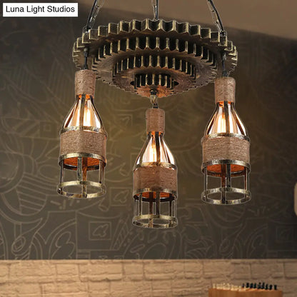 Rustic Industrial 3-Light Bar Pendant Lamp with Gear Decoration - Bottle Caged Iron Ceiling Hanging Light