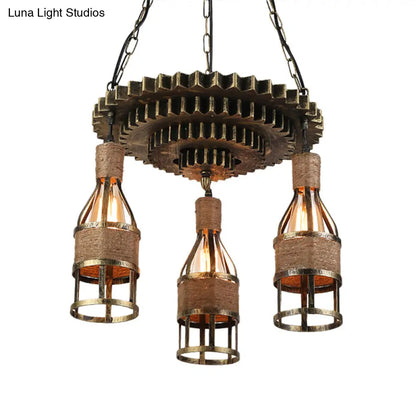 Rustic Industrial 3-Light Bar Pendant Lamp with Gear Decoration - Bottle Caged Iron Ceiling Hanging Light