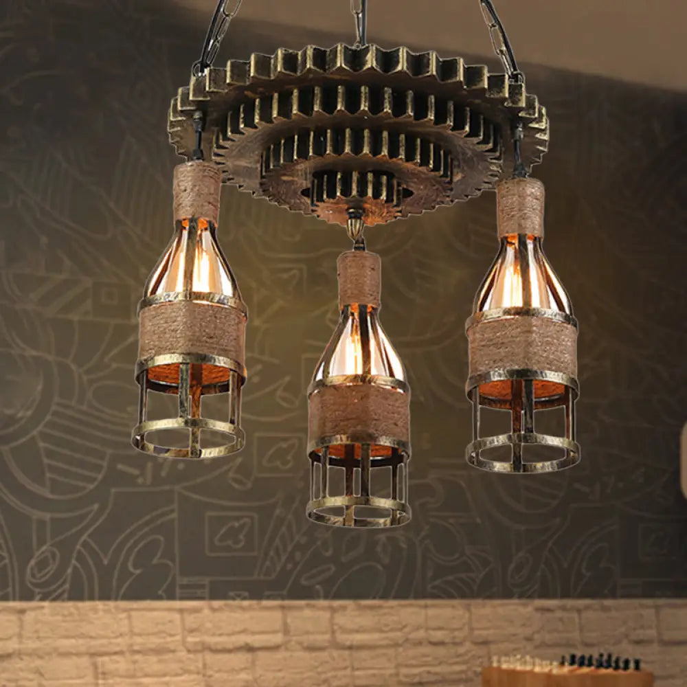 Rustic Industrial 3-Light Bar Pendant Lamp with Gear Decoration - Bottle Caged Iron Ceiling Hanging Light