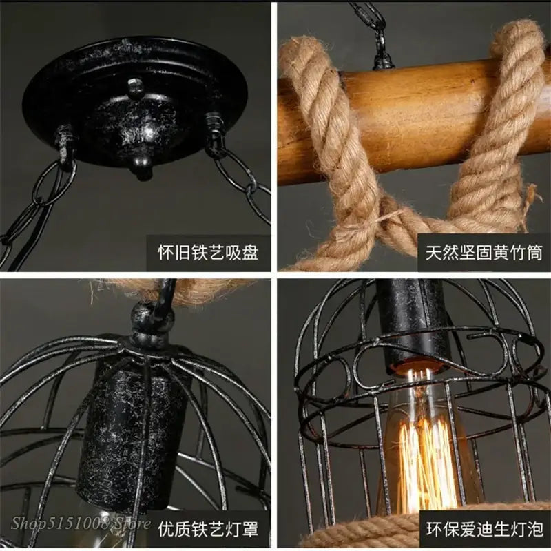 Rustic black wrought iron pendant light with natural rope and bamboo hemp rope handle for dining room decorbites bamboo hemp