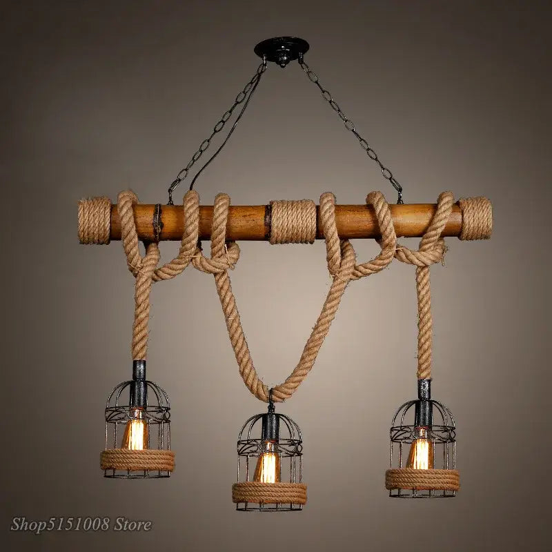 Rustic industrial pendant light with bamboo hemp rope natural fiber and metal cage for dining room decorbites bamboo hemp