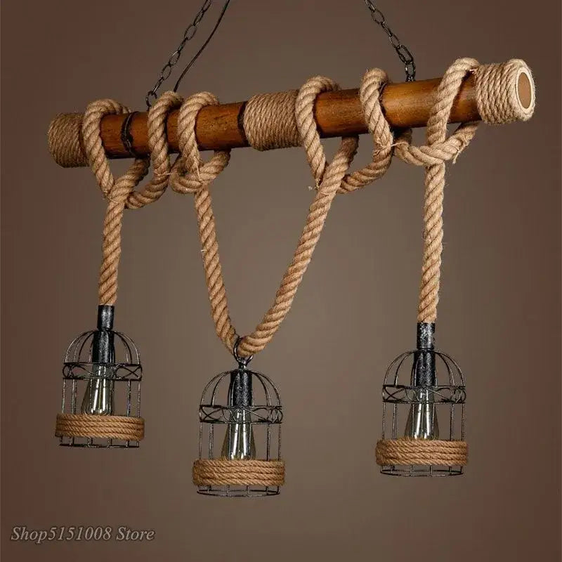 Rustic industrial pendant light with bamboo hemp rope and metal birdcage shades for dining room decorbites bamboo hemp rope