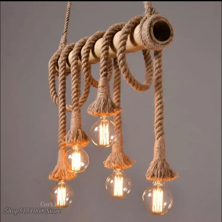 Rustic industrial bamboo pendant lights with rope wrap and five exposed filament bulbs for kitchen decorbites bamboo pendant