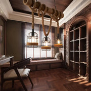 DecorBites™ adjustable 3-light industrial birdcage pendant chandelier with beige rope and black cage-style lights