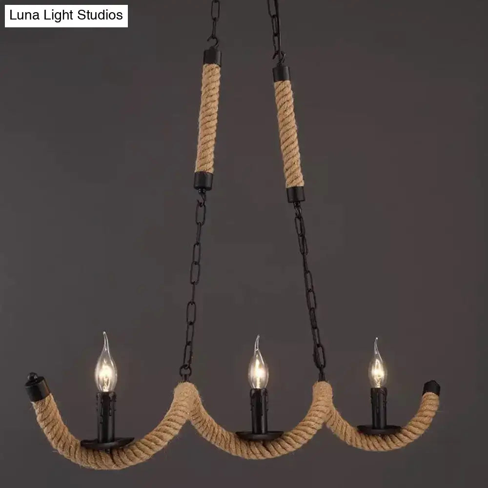 Rustic nautical-style black metal ceiling light with beige rope and three candle-shaped bulbs by DecorBites™