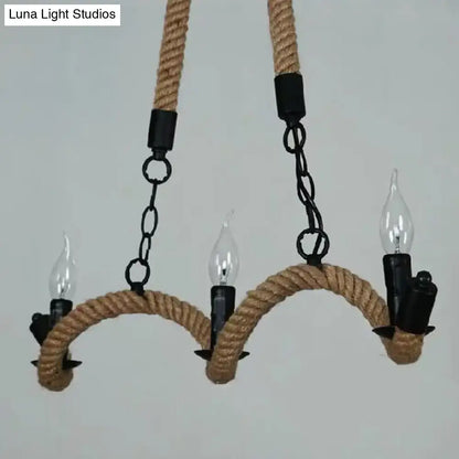 DecorBites black metal ceiling light with rope wrapping and three candle-style bulbs ideal for restaurant ambiance