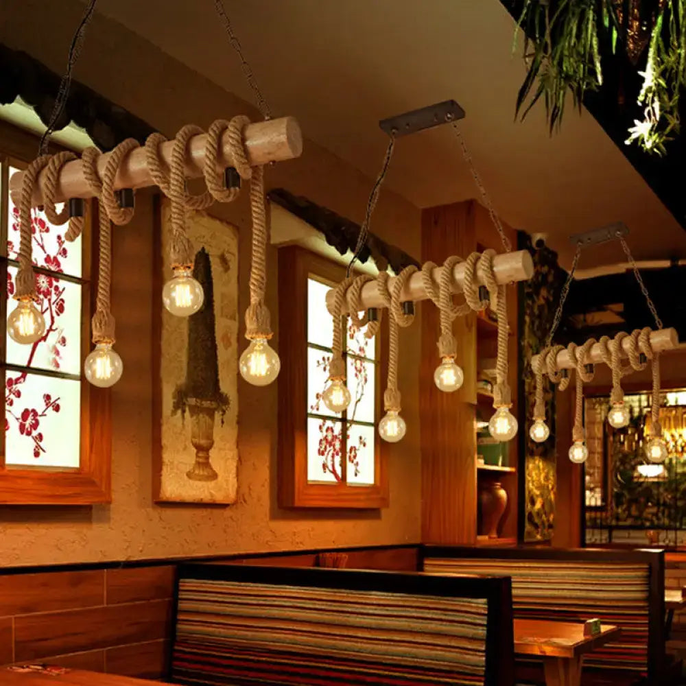 Decorbites industrial brown pendant light with 4 rope lights made of natural wood and rope for 220v-240v and 110v-120v use