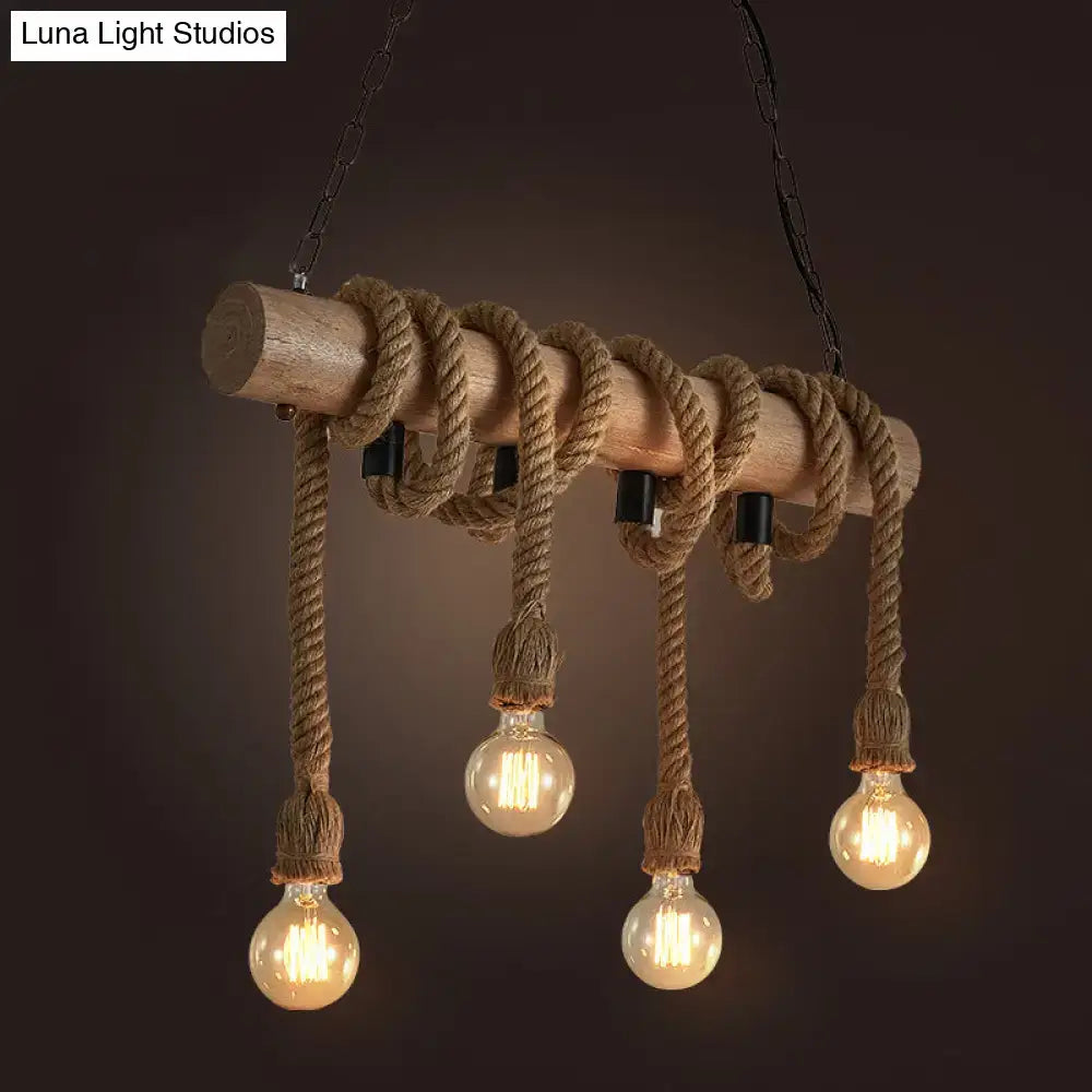 Rustic wooden beam pendant light with thick natural rope wrapping and glowing filament bulbs compatible with 220v-240v and 110v-120v