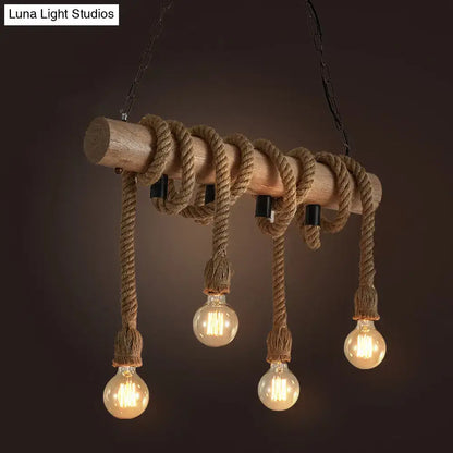 Rustic wooden beam pendant light with thick natural rope wrapping and glowing filament bulbs compatible with 220v-240v and 110v-120v