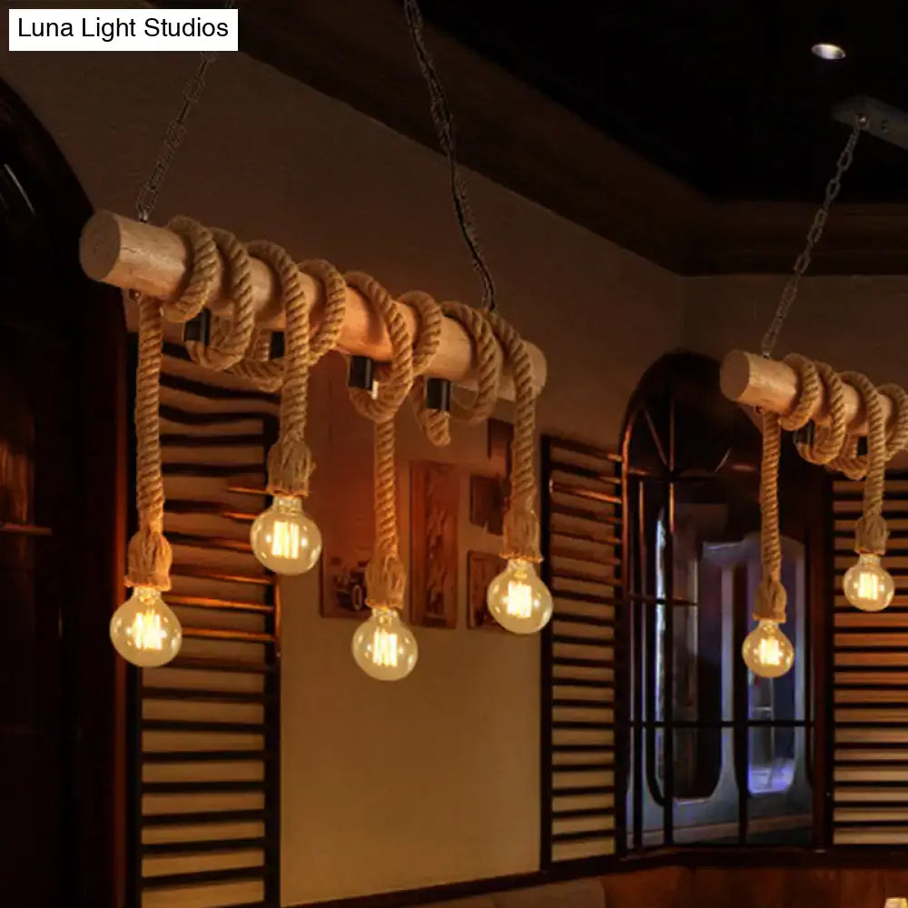 Decorbites™ industrial brown pendant light with wooden beam wrapped in thick beige rope and vintage bulbs 220v-240v 110v-120v