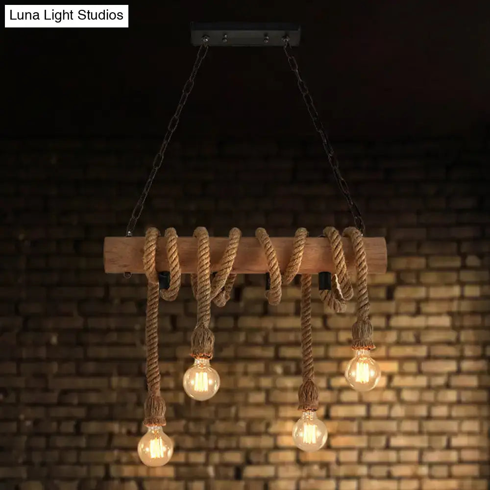 DecorBites™ industrial brown pendant light with rustic wooden beam, thick natural rope, three exposed filament bulbs, 220v-240v and 110v-120v compatible