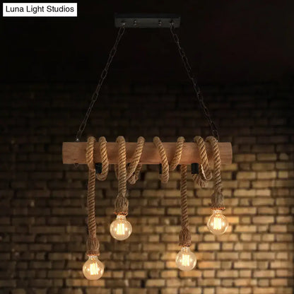 DecorBites™ industrial brown pendant light with rustic wooden beam, thick natural rope, three exposed filament bulbs, 220v-240v and 110v-120v compatible