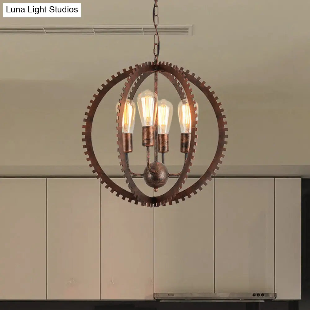 Rustic Industrial Circle Frame Chandelier Light Fixture w/ 4 Heads, Black/Rust Iron, Gear Design