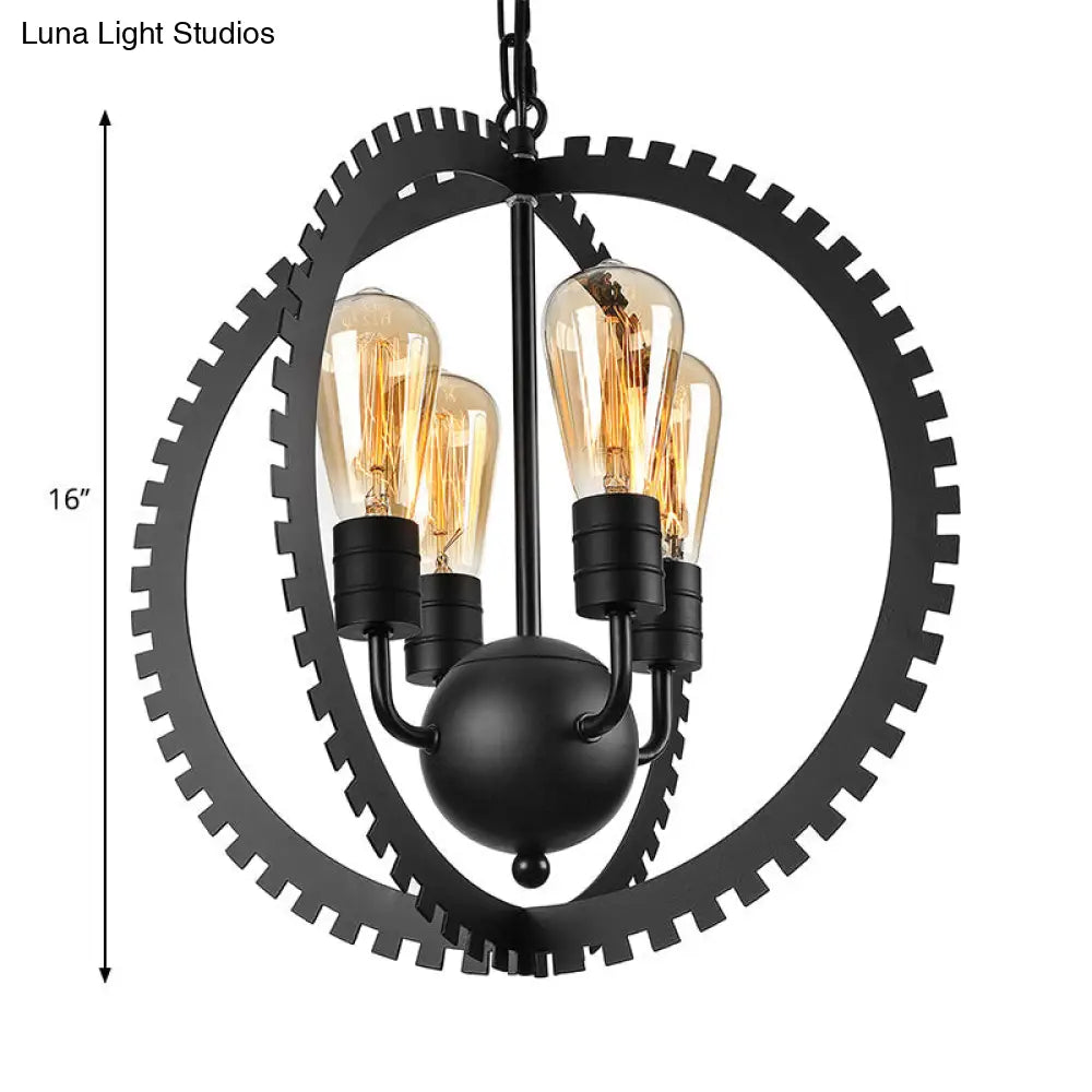 Rustic Industrial Circle Frame Chandelier Light Fixture w/ 4 Heads, Black/Rust Iron, Gear Design