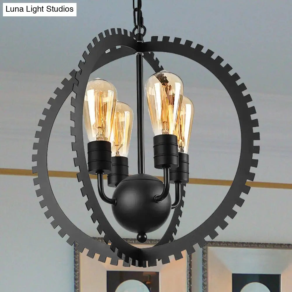 Rustic Industrial Circle Frame Chandelier Light Fixture w/ 4 Heads, Black/Rust Iron, Gear Design