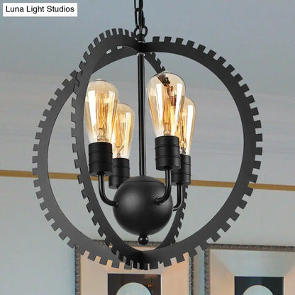 Rustic Industrial Circle Frame Chandelier Light Fixture w/ 4 Heads, Black/Rust Iron, Gear Design