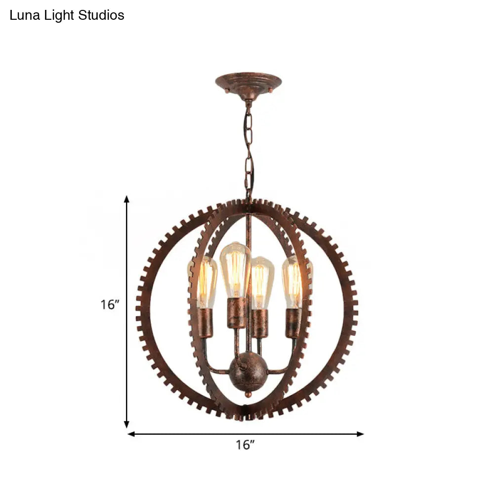 Rustic Industrial Circle Frame Chandelier Light Fixture w/ 4 Heads, Black/Rust Iron, Gear Design
