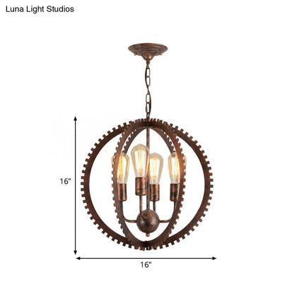 Rustic Industrial Circle Frame Chandelier Light Fixture w/ 4 Heads, Black/Rust Iron, Gear Design