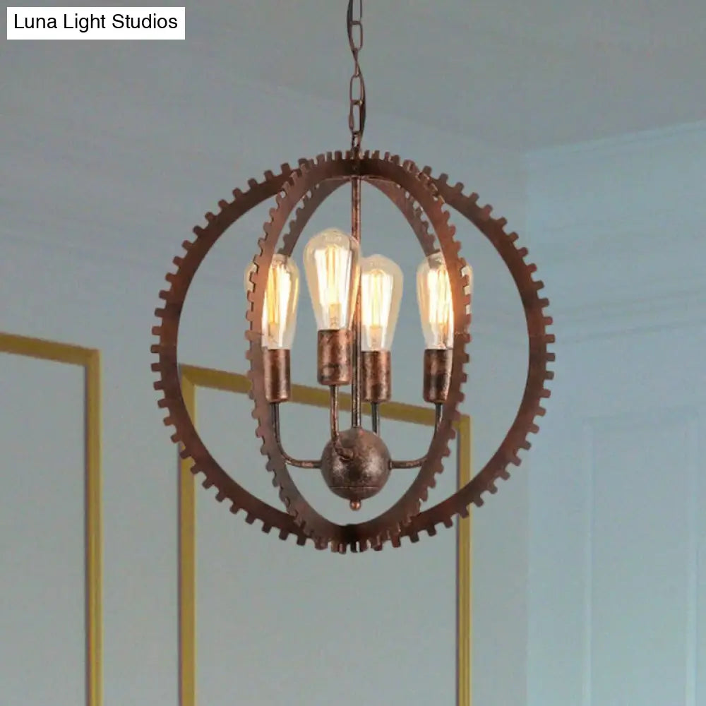 Rustic Industrial Circle Frame Chandelier Light Fixture w/ 4 Heads, Black/Rust Iron, Gear Design