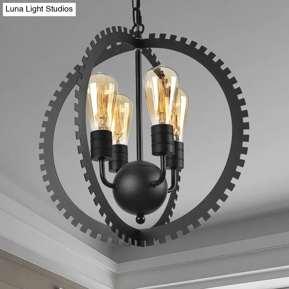 Rustic Industrial Circle Frame Chandelier Light Fixture w/ 4 Heads, Black/Rust Iron, Gear Design