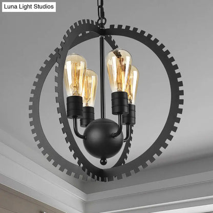 Rustic Industrial Circle Frame Chandelier Light Fixture w/ 4 Heads, Black/Rust Iron, Gear Design