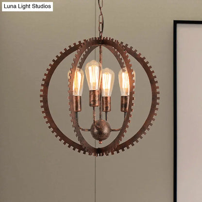 Rustic Industrial Circle Frame Chandelier Light Fixture w/ 4 Heads, Black/Rust Iron, Gear Design