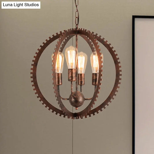 Rustic Industrial Circle Frame Chandelier Light Fixture w/ 4 Heads, Black/Rust Iron, Gear Design