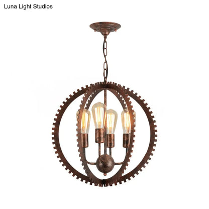 Rustic Industrial Circle Frame Chandelier Light Fixture w/ 4 Heads, Black/Rust Iron, Gear Design