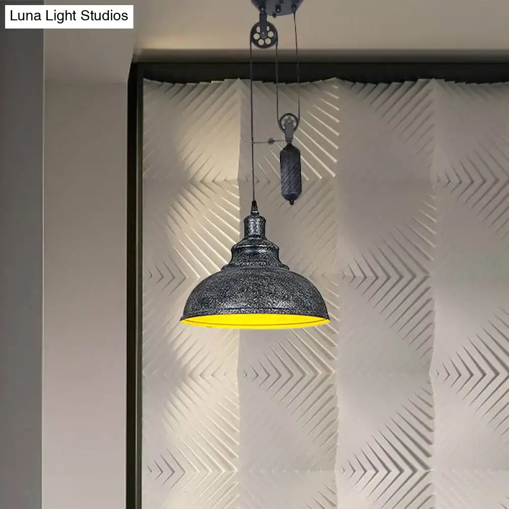 Decorbites rustic industrial dome pendant lamp with dark textured metal shade and bright yellow interior for living room lighting