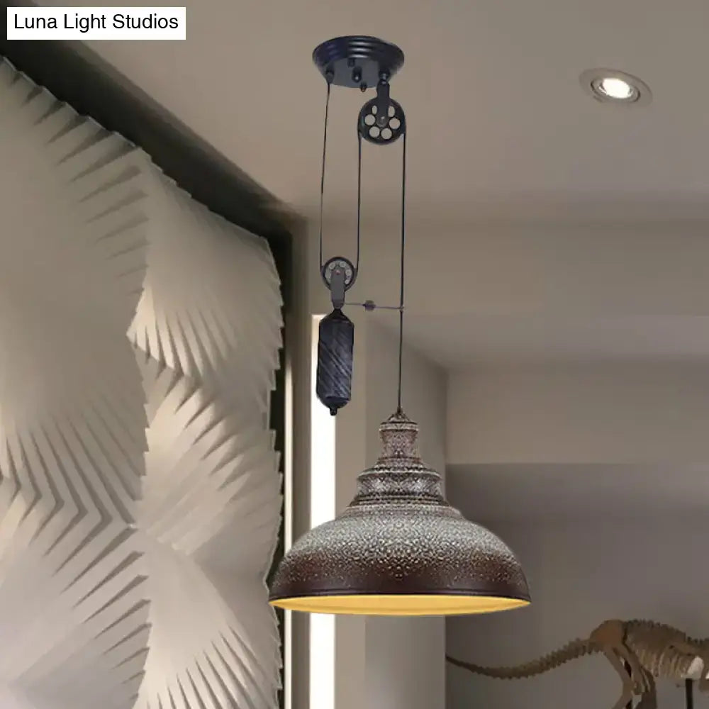 Decorbites rustic industrial dome pendant lamp with pulley in dark bronze metal for living room lighting