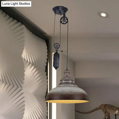 Decorbites rustic industrial dome pendant lamp with pulley in dark bronze metal for living room lighting