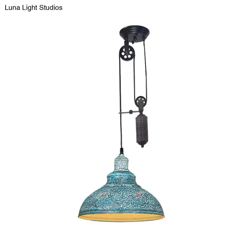 Decorbites rustic industrial dome pendant lamp with distressed turquoise metal shade and black pulley mechanism