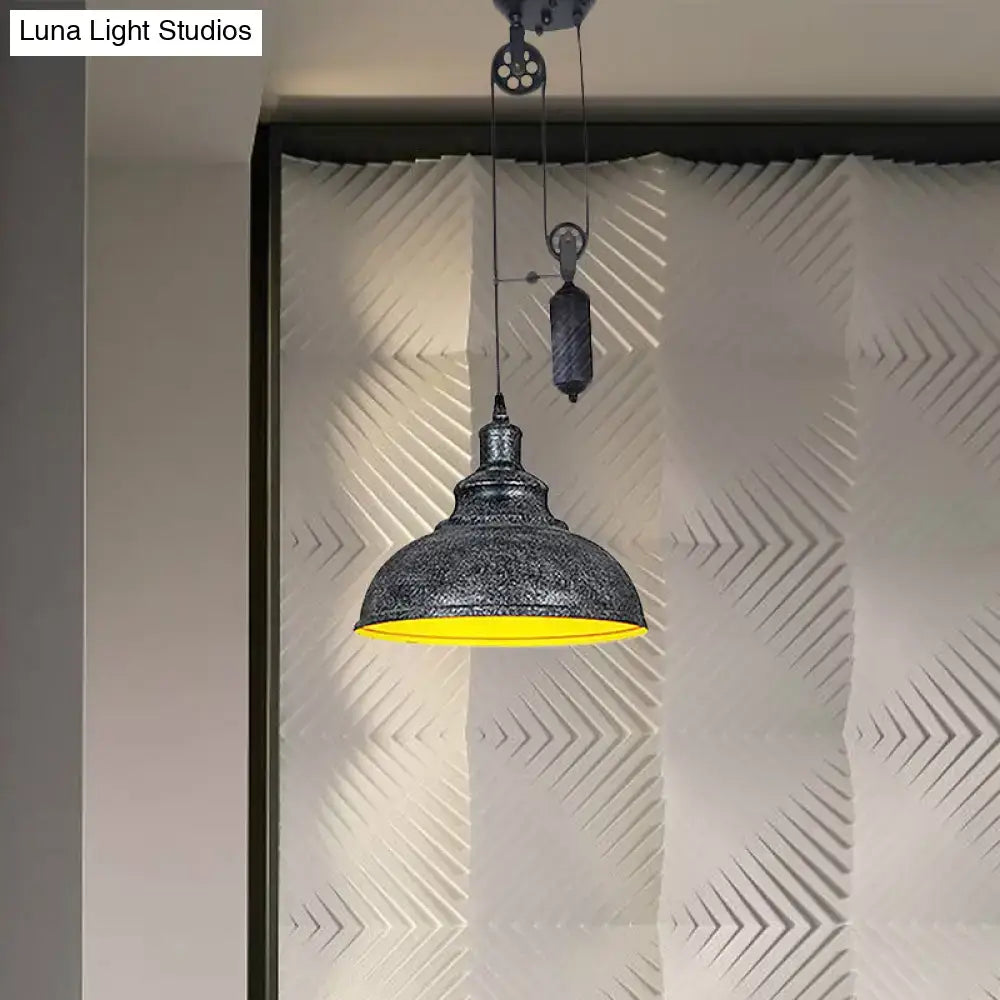 DecorBites™ rustic industrial dome pendant lamp with textured black metal shade and bright yellow interior for living room lighting