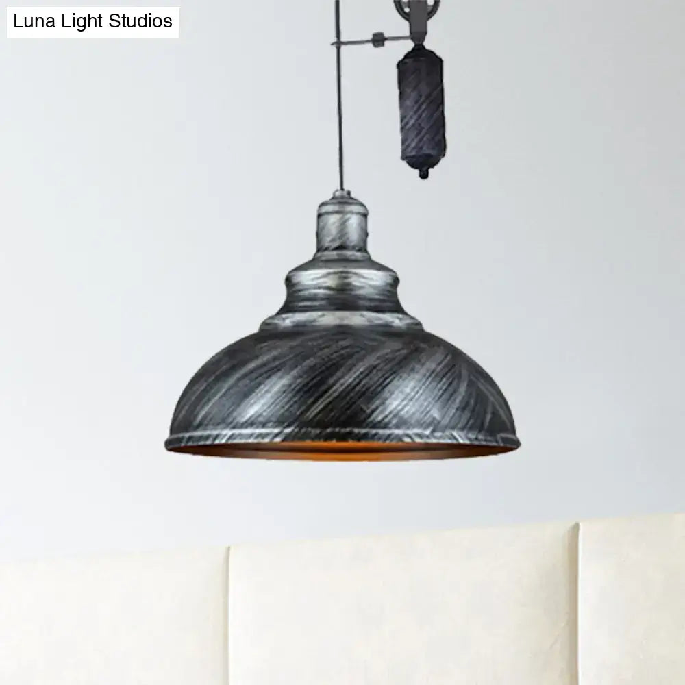 Decorbites™ rustic industrial dome pendant lamp in distressed black metal with warm interior for living room lighting