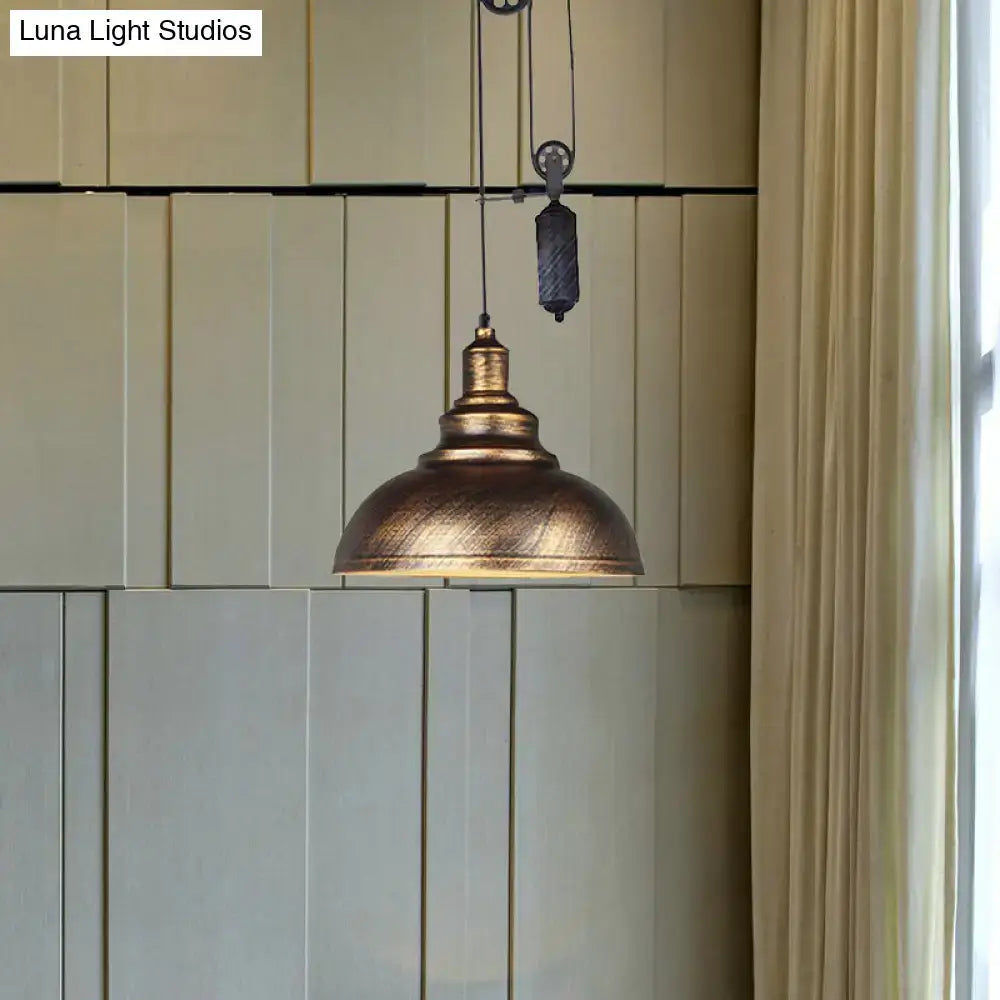 Antique brass rustic industrial dome pendant light with textured shade and pull chain for living room lighting