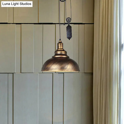 Antique brass rustic industrial dome pendant light with textured shade and pull chain for living room lighting