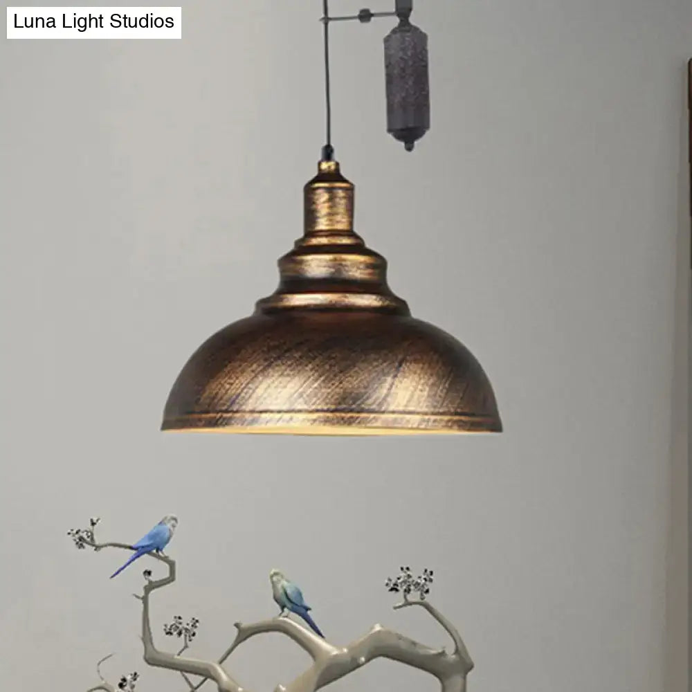 Antique brass-finished rustic industrial dome pendant lamp with pulley in brown grey metal for living room lighting