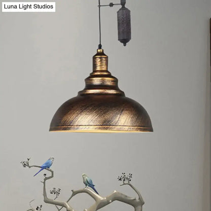 Antique brass-finished rustic industrial dome pendant lamp with pulley in brown grey metal for living room lighting