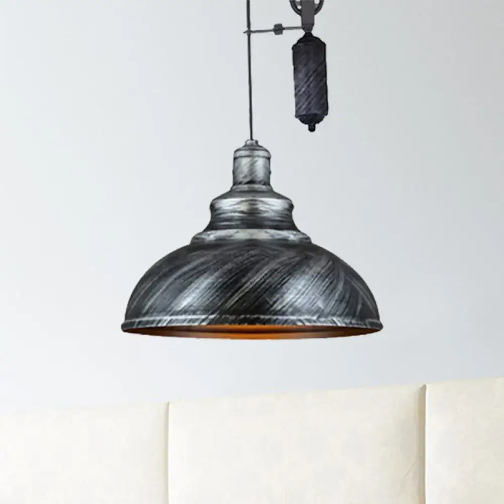 Decorbites rustic industrial dome pendant lamp with distressed black metal finish and warm interior for living room lighting
